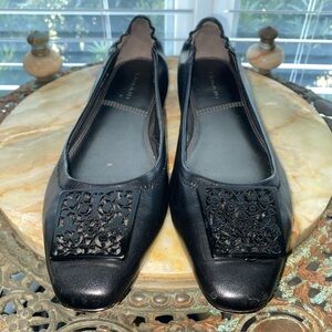 Tahari Black Leather Square Ornament Ballet Flats size 9M
